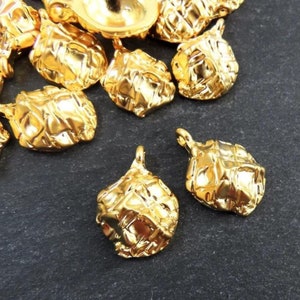 Artisan Dome Pinch Mesh Charms, Organic Rustic Cast Pendant Charms, 22k Matte Gold Plated, 2pc