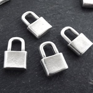 4 Silver Padlock Charm Pendants, Plain Lock Dangle Charms, Matte Antique Silver Plated, 15x10mm