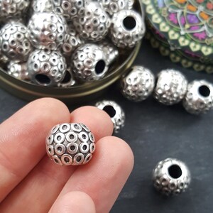 Large Weight Round Circle Dotted Detail Barrel Beads - Matte Antique Silver Plated Brass - 2pc