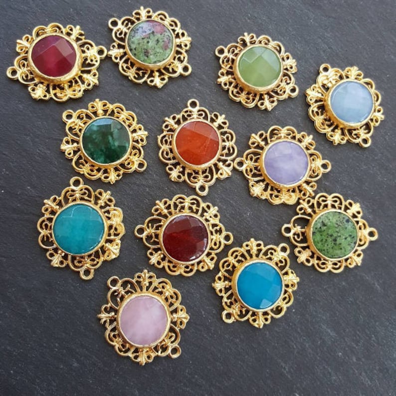 Curly Filigree Connector Green Mottled Jasper Stone 1PC Jewelry Making Supplies Findings 22k Matte Gold Plated