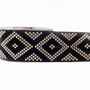 Nastro con rifiniture jacquard ricamato a rombi geometrici punteggiati - Oro chiaro nero - 34 mm - 1 metro o 3,3 piedi o 1,09 iarde