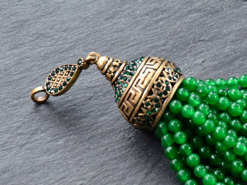 1PC Antique Bronze Large Long Emerald Green Jade Stone Beaded Tassel with Crystal Accents Greek Key Pattern