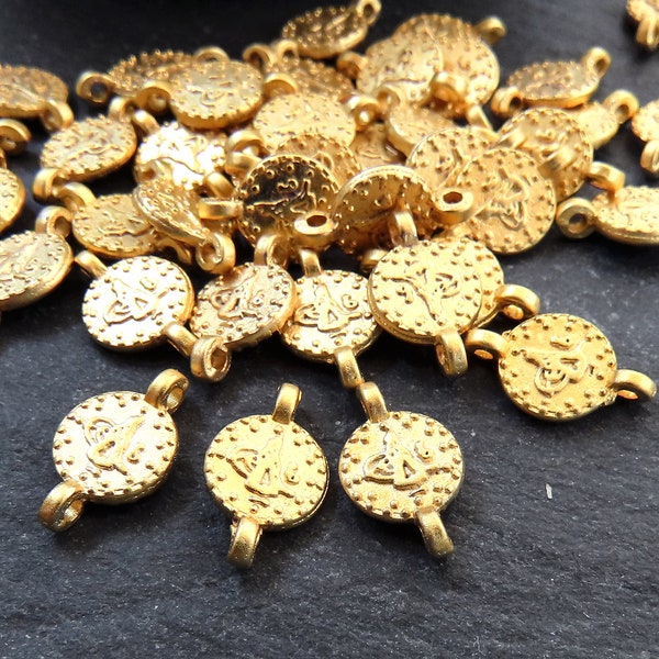 20 Mini Round Coin Charm Connectors with Two Loops, Dotted Edge Tughra Round Replica Coin Connectors,  22k Matte Gold Plated 20pc