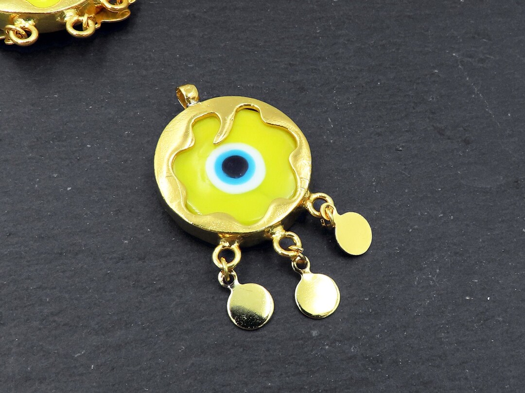 Yellow Evil Eye Charm Gold Bezel Pendant Glass Evil Eye Etsy