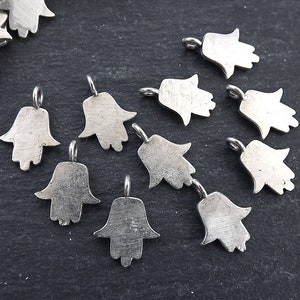 Mini Silver Hamsa Charm Pendant, Hand of Fatima Lucky Protective Charms, Matte Antique Silver Plated Brass, 10pc image 2