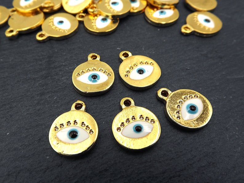 5pc Shiny Gold Plated White Enamel Evil Eye Charms Gold Mini Round Evil Eye Pendant Charms Good Luck Protective Amulet Talisman