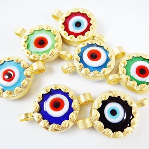 Navy Blue Evil Eye Round Glass Connector Pendant 22k Matte Gold Plated 1pc image 4