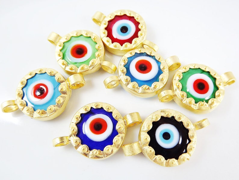Navy Blue Evil Eye Round Glass Connector Pendant 22k Matte Gold Plated 1pc image 4