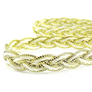 Cordino intrecciato in filo di seta satinato bianco metallizzato oro intrecciato - 3 strati - 1 metro - 1,09 iarde