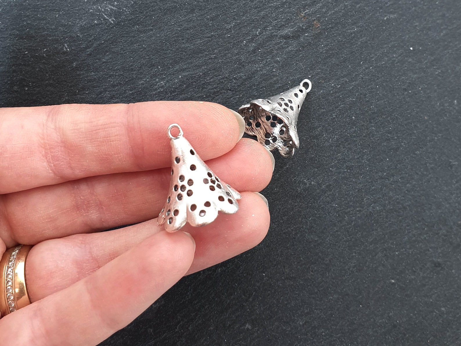 Fluted Bead End Caps With Loop Flower Pendant Large Bead Etsy