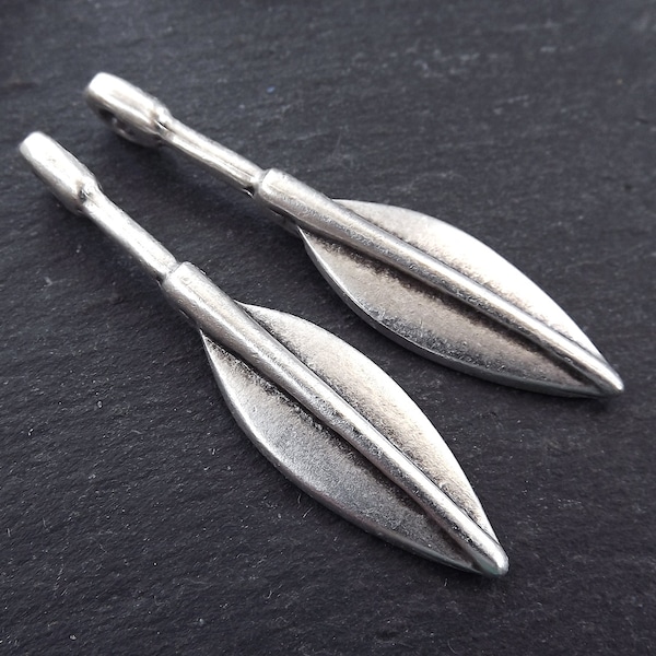 2 Long Slim Tribal Arrow Spear Ethnic Pendant Boho Bohemain Jewelry Making Supplies Findings Components - Antique Matte Silver Plated