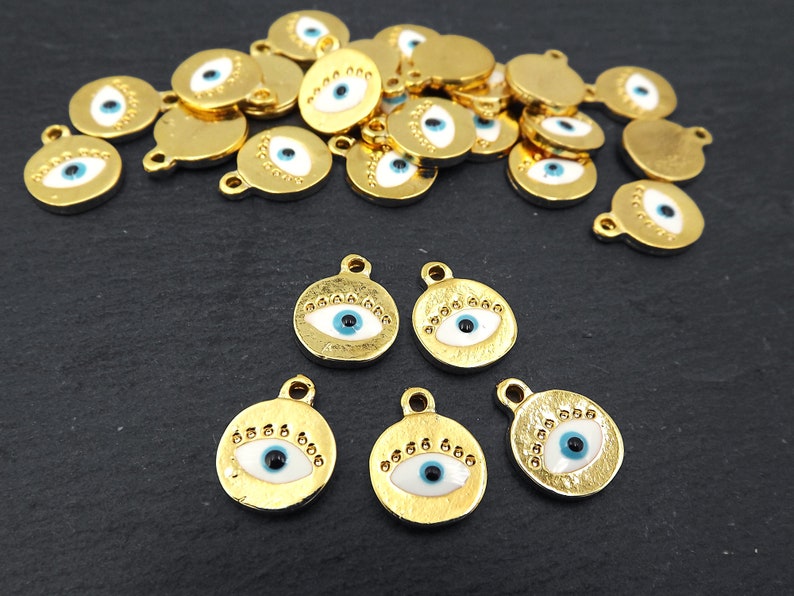 5pc Shiny Gold Plated White Enamel Evil Eye Charms Gold Mini Round Evil Eye Pendant Charms Good Luck Protective Amulet Talisman