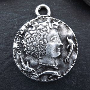 Persephone Greek Coin Rustic Cast Pendant - Goddess of the Underworld - Matte Antique Silver Plated  - 1pc