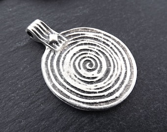 Round Spiral Disc Pendant, Silver Swirl, Tribal Pendant, Ethnic Pendant, Bohemian Necklace Pendant, Matte Antique Silver Plated, 1pc