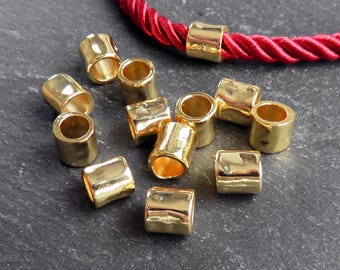 Organic Texture Tube Barrel Beads, Large 6mm Hole, 24K Shiny Gold Plated, 8pc