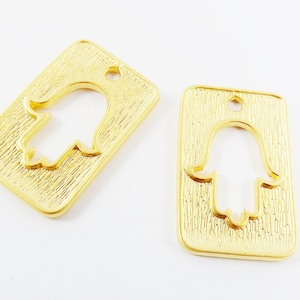 2 Rectangle Cut Out Hamsa Hand of Fatima Pendant Charm - 22k Matte Gold Plated Brass