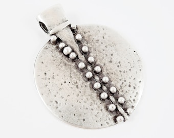 Extra Large Round Tribal Pendant Necklace Focal Statement Pendant Ethnic Jewelry Matte Antique Silver Plated - 1PC