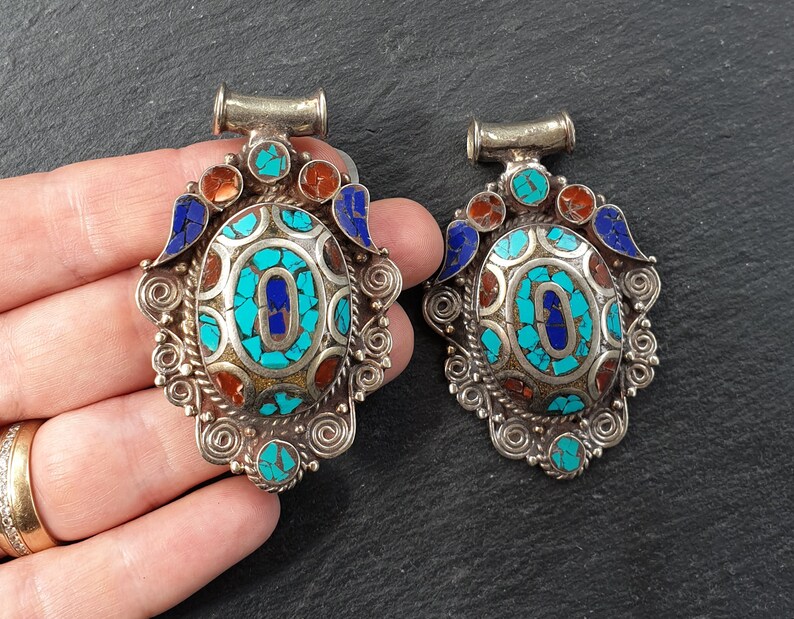 Turquoise pendant Tribal pendant Nepali jewelry gemstone pendant Lapis 1pc Nepalese pendant Tibetan Nepal pendant Coral pendant