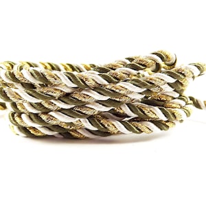 3.5mm Army Green White Metallic Gold Twisted Rayon Satin Rope Silk Braid Cord - 3 Ply Twist - 1 meters - 1.09 Yards - No:17