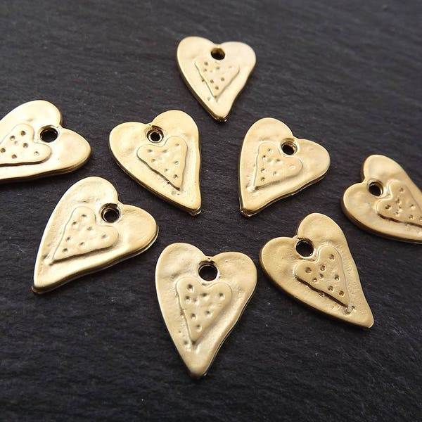 8 Small Double Gold Heart Charms Hammered Detail Love Boho Bohemian Rustic Charm Turkish Jewelry Supplies 22k Matte Gold Plated