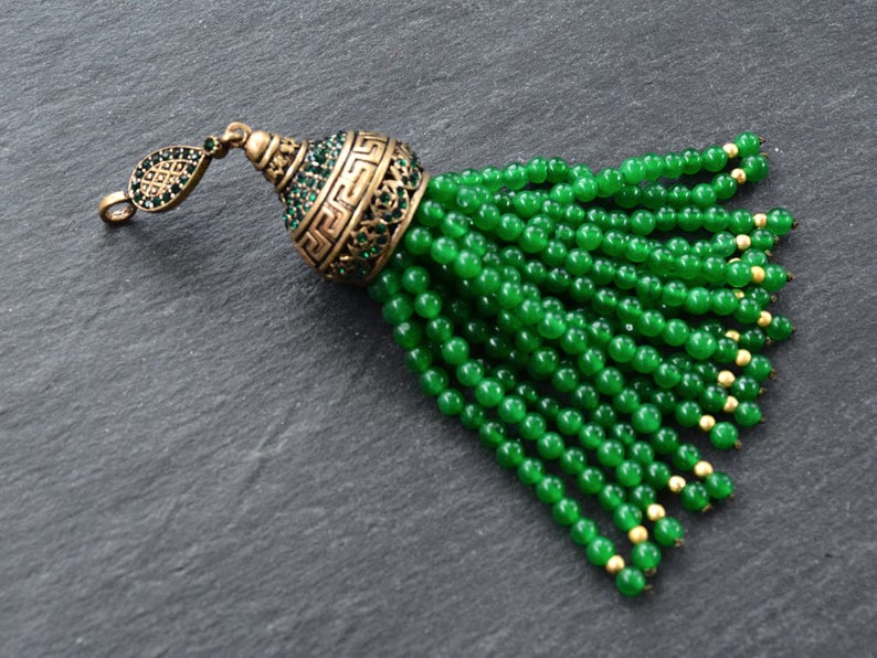 1PC Antique Bronze Large Long Emerald Green Jade Stone Beaded Tassel with Crystal Accents Greek Key Pattern