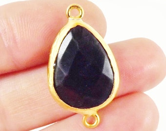 Black Teardrop Jade Connector  - 22k Matte Gold plated Bezel - 1pc