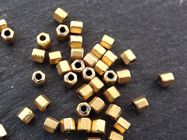 2mm Tiny Hexagon Barrel Tube Bead Spacers 22k Matte Gold Plated 50pcs