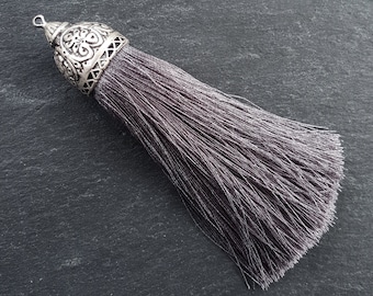 Extra Large Thick Gray Silk Thread Tassel Pendant with Ornate Silver Plated Cap Jewelry Supplies - 4.6 inches - 117mm - 1 pc