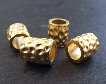 Hammered Tube Beads, Gold Tube Beads, Barrel Bead, Dotted, Dimple, Gold Beads, Statement Beads, Bracelet Bead, 22k Matte Gold Plated 4pc