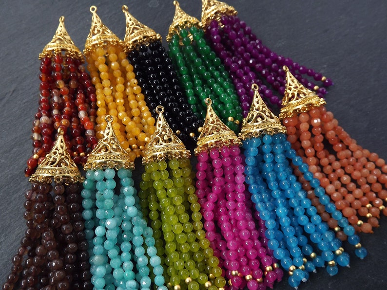 1PC Antique Bronze Large Long Emerald Green Jade Stone Beaded Tassel with Crystal Accents Greek Key Pattern
