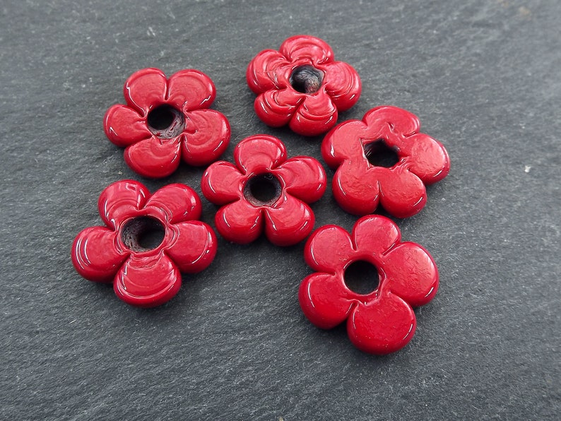 6 Red Glass Flower Beads Large Chunky Flower Artisan Handmade Etsy