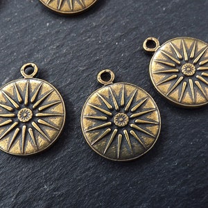 Bronze Sun Pendant, Sunburst Pendant, Flower, Sunburst Charm, Sun Charm, Flower Charm, Coin Charm, Disc, Boho, Antique Bronze Plated 3pc