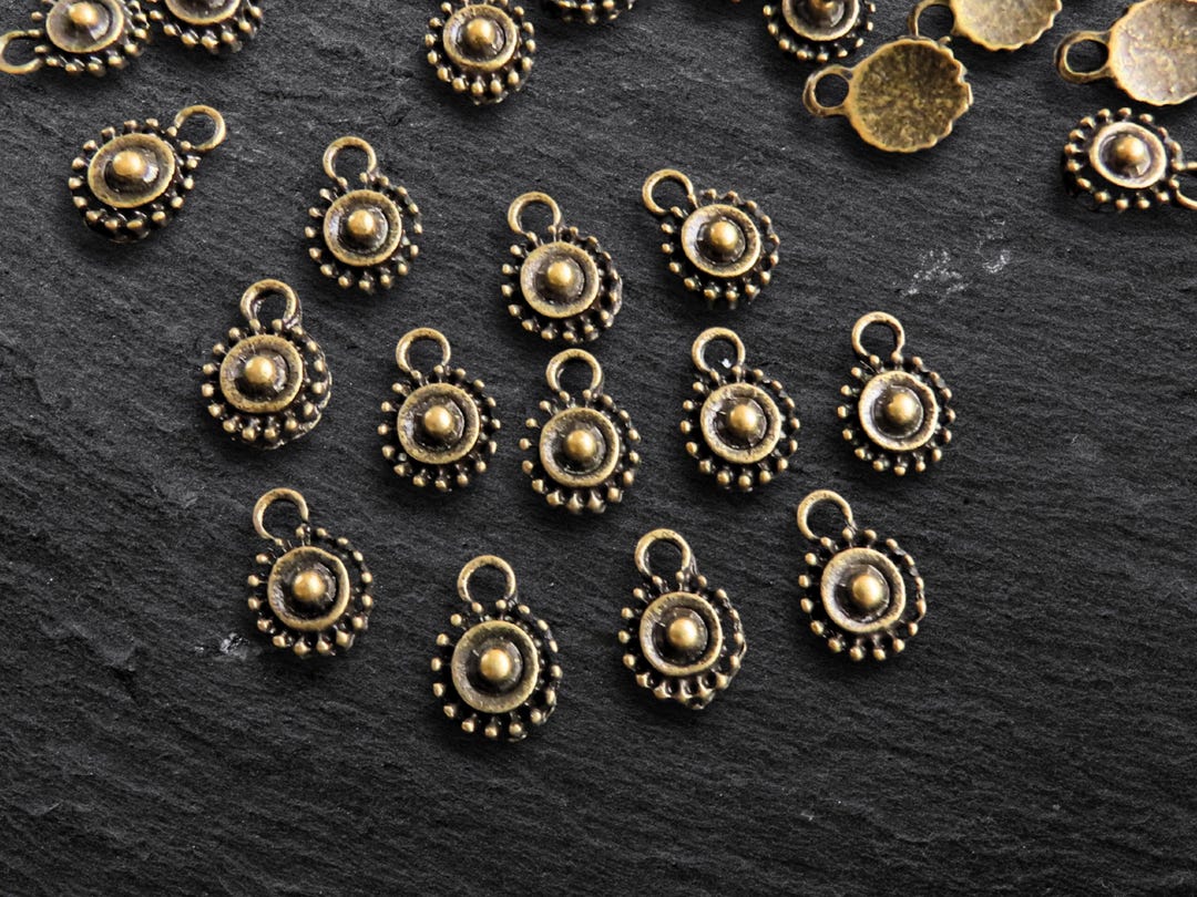 Small Rund Charm Tiny Round Sunburst Dot Charms, Rustic Cast Small Disc, Antique Bronze ...