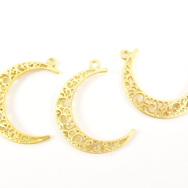 Gold Crescent Pendants, Filigree Pendants, Gold Filigree, Gold Moon Pendants, Filigree Moon Charms, Boho Charms, 22k Matte Gold Plated