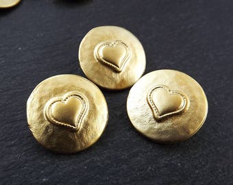 3 Rustic Metal Heart Buttons Matte Antique Silver Plated - Round