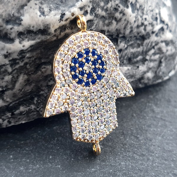 Hamsa Hand Bracelet Connecteur, Evil Eye, Rhinestone Hamsa Charm, Pave Hamsa Pendentif, CZ Rhinestone Micro Pave, Silver Plated