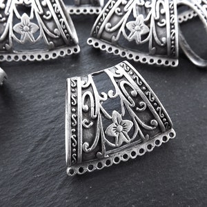 Large Silver Bead Bail Scarf Slider, Charm Hanger Necklace Flower Pendant, Ethnic DIY Jewelry Supplies, Matte Antique Silver Plated, 1pc