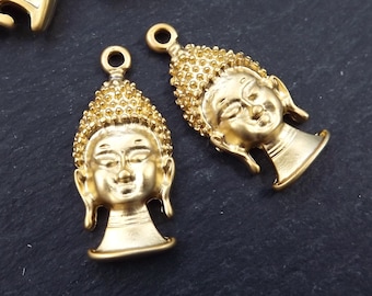 Gold Buddha Charms, Buddha Head, Tibetan Buddha, Buddha Pendant, Yoga Charms, Buddha Face, Gold Buddha Head, 22k Matte Gold Plated -2PC