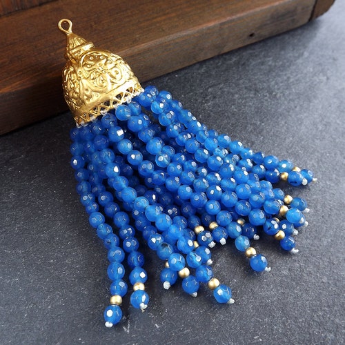 Long Teal Blue Beaded Tassel 22k Matte Gold Plated Brass | Etsy