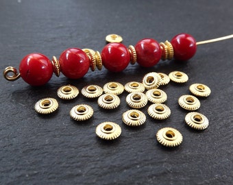 Gold Ribbed Beads, Gold Brass Beads, Small Metal Beads, Bead, Spacers, Round Beads, Beading Supplies, 22k Matte Gold Plated 5mm x 2mm, 30pcs
