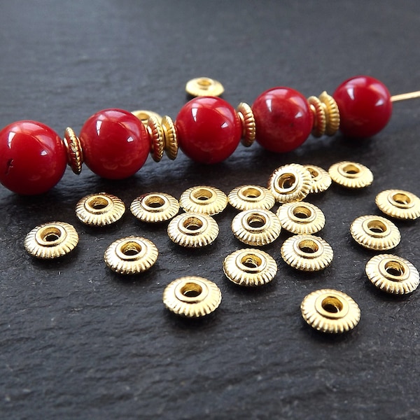 Gold Ribbed Beads, Gold Brass Beads, Small Metal Beads, Bead, Spacers, Round Beads, Beading Supplies, 22k Matte Gold Plated 5mm x 2mm, 30pcs