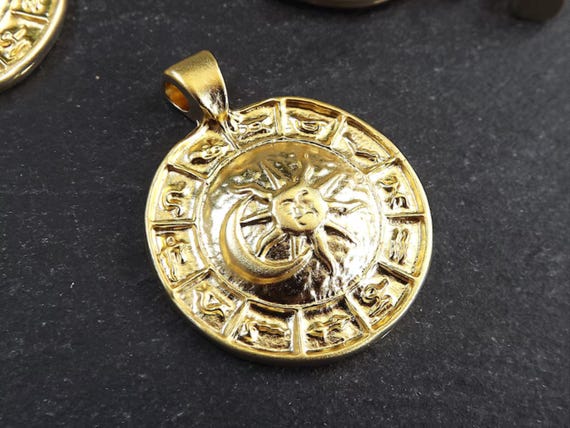 Zodiac Sun Moon Horoscope Pendant, Gold Constellation Charm, 22k Matte Gold Plated, 1pc