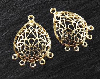 Teardrop Lace Chandelier Strand Separator Pendants, 22k Matte Gold Plated, 2pc