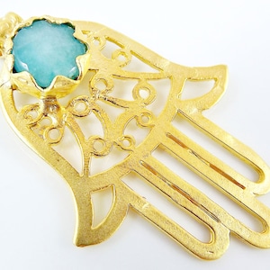 Aqua Stone Hamsa Hand Fretwork Pendant - 22k Matte Gold plated 1pc