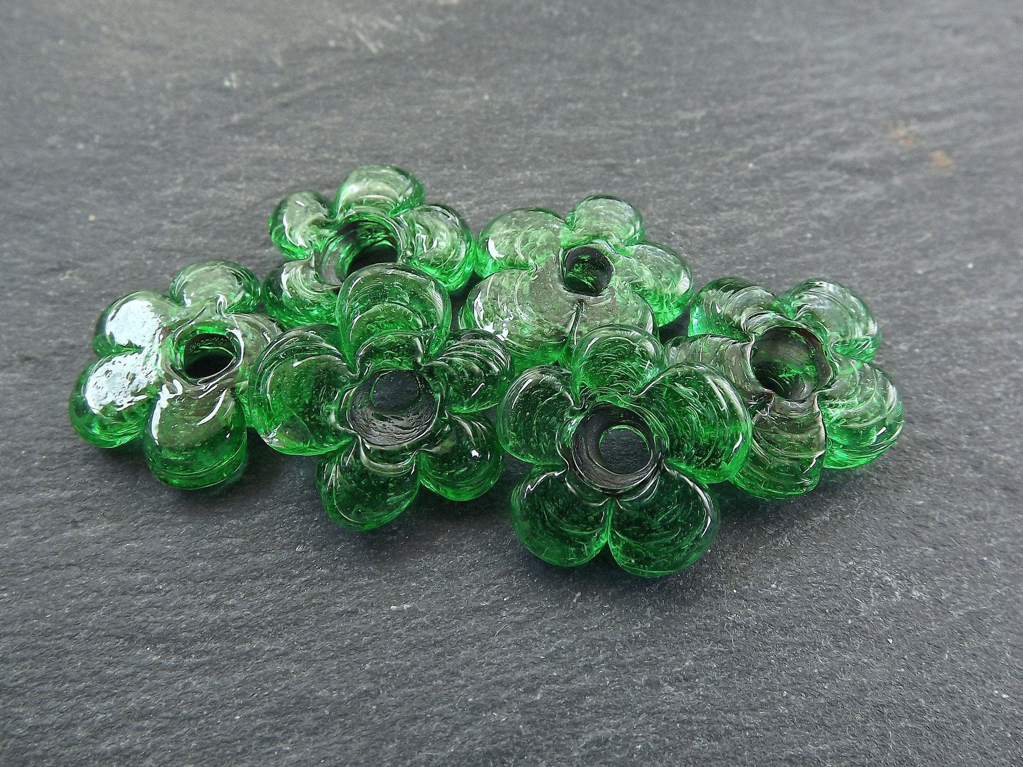 6 Green Glass Flower Beads Large Chunky Flower Artisan Etsy