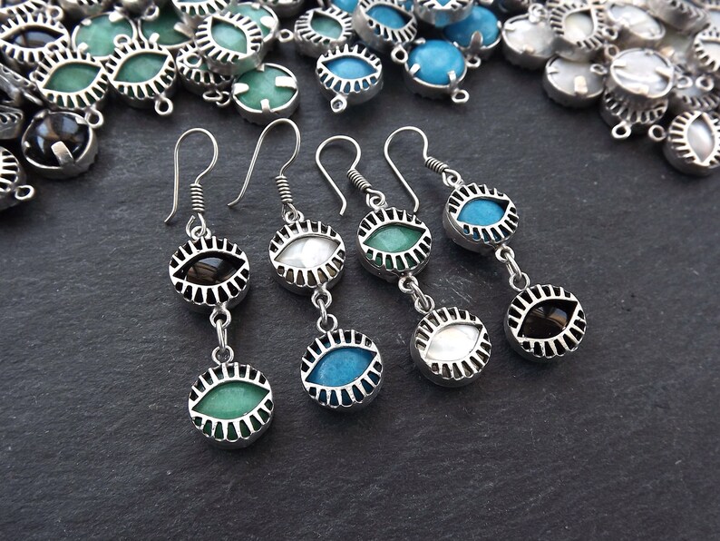 Necklace Pendant Evil Eye Pendant Evil Eye Charm Lucky Antique Silver Plated Protective Aqua Evil Eye Jade Stone Connector Charm