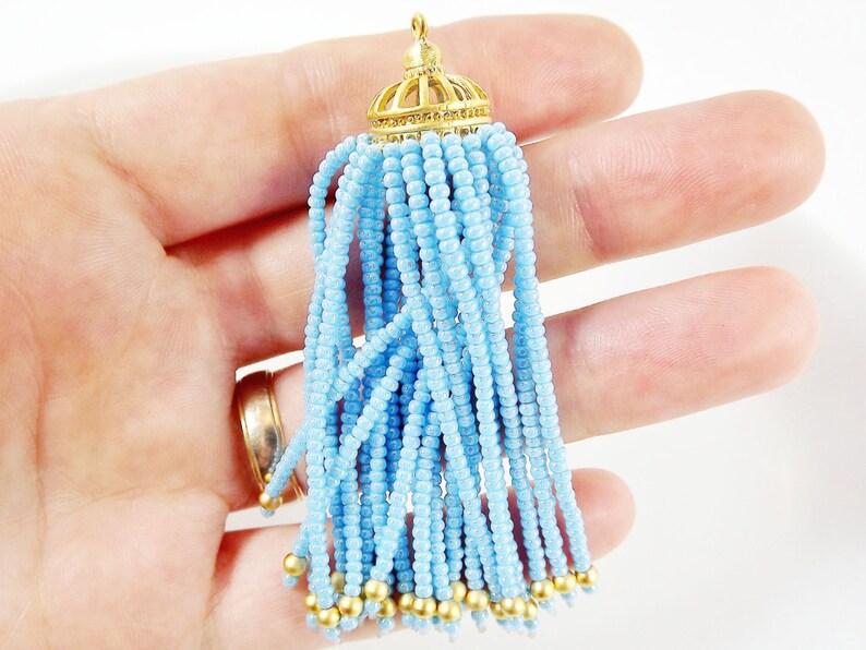 1PC Long Sky Blue Beaded Tassel 22k Matte Gold Plated Brass