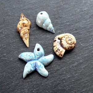 Ceramic Shell Charm Pendants Handmade Focal, Glazed Artisan Charm for Jewelry Making, Handcrafted Pottery Findings, Set 22, 4pcs