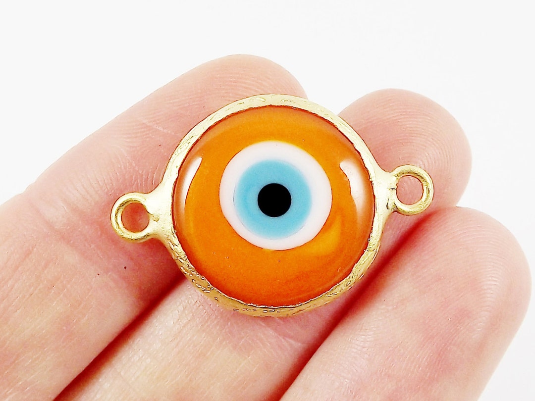 Orange Evil Eye Round Artisan Handmade Glass Connector 22k Matte Gold