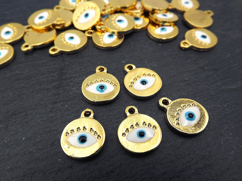 5pc Shiny Gold Plated White Enamel Evil Eye Charms Gold Mini Round Evil Eye Pendant Charms Good Luck Protective Amulet Talisman